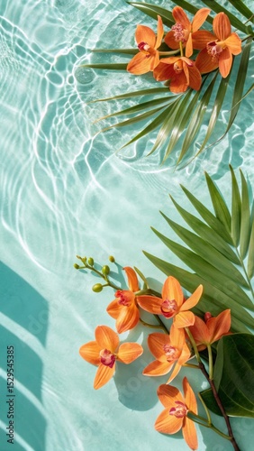Orange Orchids, Palm Leaves on Turquoise Water, Tropical Beauty Background