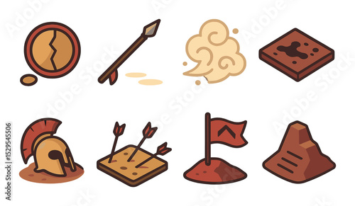 Spartan Battlefields Concept isometric set. Broken shield, fallen spear, dust storm, scorched terrain, trampled helmet, scattered arrows, war flag, victory