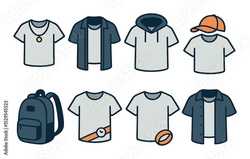 T-Shirts with Accessories Concept isometric set. T-shirt with necklace, tee under open jacket, layered with hoodie, shirt with crossbody bag, shirt with