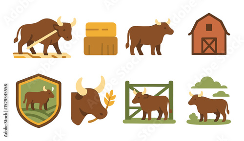 Farming Bull Concept isometric set. Plowing bull, bull with hay, rustic bull icon, barn silhouette, countryside bull crest, wheat horn detail, farm gate