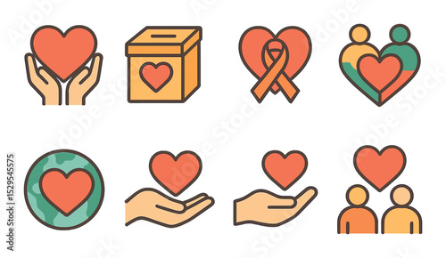Support & Charity Hearts Concept isometric set. Helping hands heart, donation box with heart, ribbon-wrapped heart, community heart, globe heart, open hand