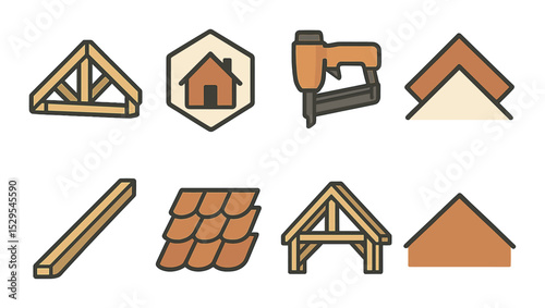 Roofing & Framing Concept isometric set. Wooden truss, rooftop badge, nail gun icon, pitched roof mark, rafter beam, shingles pattern, attic framing, gable