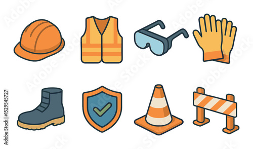 Safety & Protection Concept isometric set. Hard hat, safety vest, goggles icon, protective gloves, safety boots, shield with check, caution cone, hazard