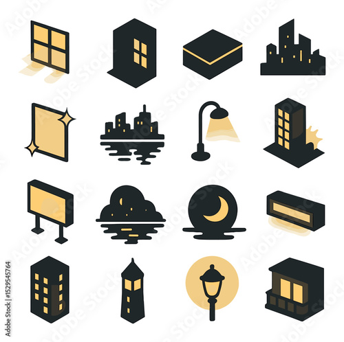 Lighting and reflections isometric set. golden window reflection, silhouette with lit window grid, illuminated rooftop edge, glowing city outline, glass