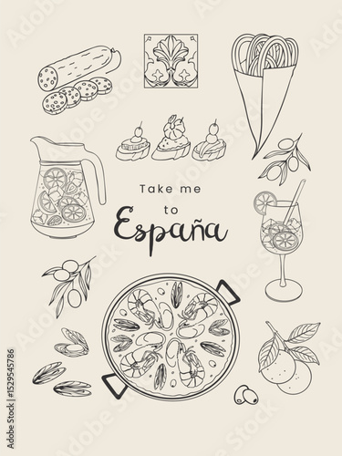 Whimsical card with Hand Drawn traditional Spain Food and Travel Doodle elements. Line Art of Spanish Cuisine and Symbols. Vector for wall decor, poster, cover, social media, ads, print, menu design.