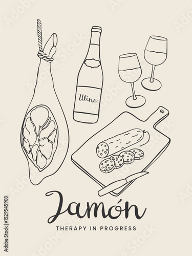 Hand Drawn Food Postcard with Spanish Jamón Ibérico, chorizo and Wine. Vector sketchy line art for wall decor, poster, cover, social media, ads, print, menu design.