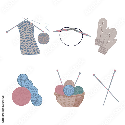 Knitting threads. Knit sewing, wool yarn balls. Isolated handicraft accessories, crochet needlework hobby tools vector illustration Knitting set