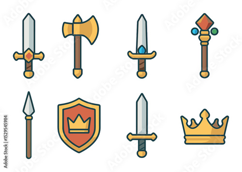 Royal Weaponry Concept isometric set. Jeweled sword, golden axe, ceremonial dagger, scepter with gems, royal lance, shield with crown, knight’s blade.