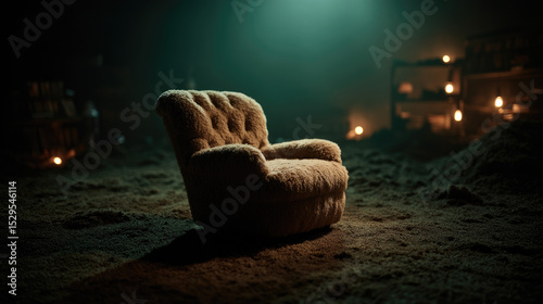 Cozy armchair in a dimly lit, dusty room