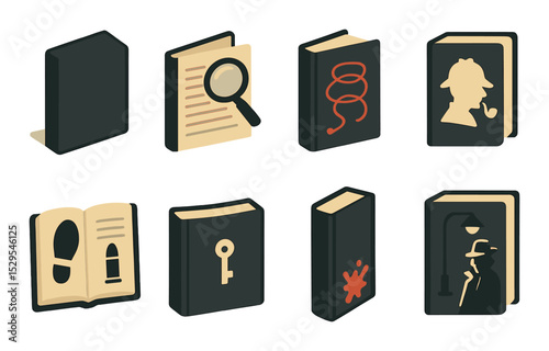 Mystery Book Mockups Concept isometric set. Dark cover with shadow, magnifying glass on page, red thread design, vintage detective title, mystery clue