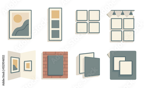 Gallery Wall Mockups Concept isometric set. Framed abstract print, vertical triptych, grid of square frames, gallery with lighting, room corner with art.