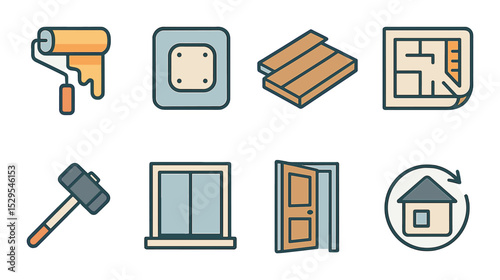 Renovation & Remodeling Concept isometric set. Paint roller icon, wall patch, new flooring symbol, remodel plan, demolition hammer, window frame badge.
