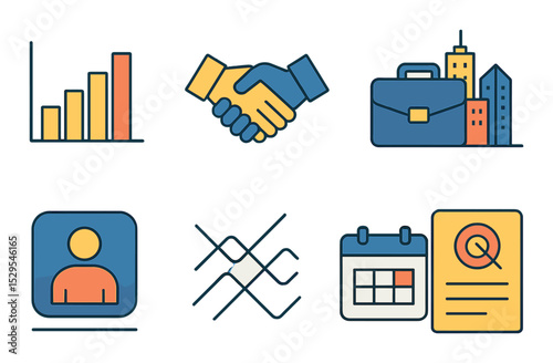 Corporate Poster Concept isometric set. Bar chart growth, handshake symbol, briefcase icon, office skyline, professional profile, abstract lines, business