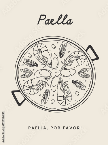 Whimsical postcard with Hand Drawn Paella. Traditional Spanish Food with Seafood in Pan.Vector sketchy line art for wall decor, card, cover, social media, ads, print, menu design.