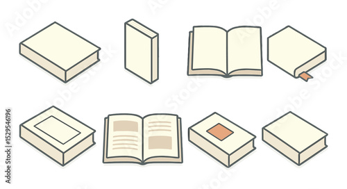 Minimalist Book Mockups Concept isometric set. Blank softcover book, clean white spine, empty open spread, simple cover with border, neutral color page
