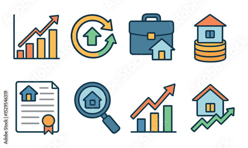 Real Estate Investment Concept isometric set. Property value graph, ROI icon, real estate portfolio, stacked coins with house, investor contract, property