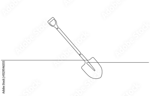 Continuous line drawing of shovel. Shovel linear icon. One line drawing background. Vector illustration. Shovel continuous line icon, Line Drawing with Editable Stroke and Copy Space.