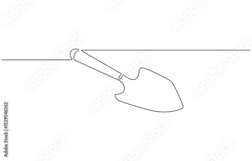 Continuous line drawing of shovel. Shovel linear icon. One line drawing background. Vector illustration. Shovel continuous line icon, Line Drawing with Editable Stroke and Copy Space.
