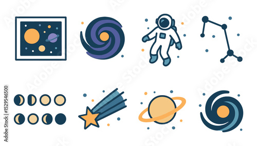 Cosmic Wall Art Concept isometric set. Solar system print, galaxy swirl, constellation dots, astronaut in space, phases of moon, shooting star trail.