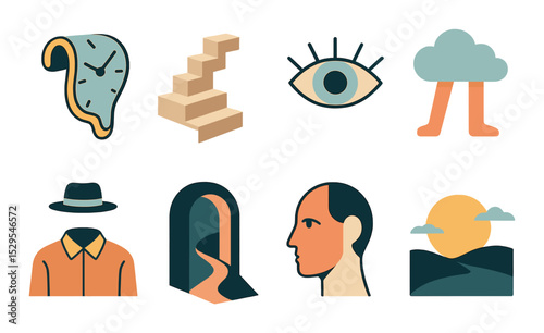 Surreal Wall Art Concept isometric set. Melting clock, floating stairs, dreamlike eye, cloud with legs, invisible figure, abstract portal, split-face