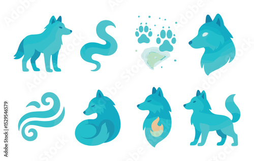 Wolf Spirit Concept isometric set. Ethereal blue wolf, spirit trail, floating paws, soft glow eyes, translucent body, northern wind shape, dreamlike pose.
