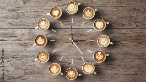 Coffee O'Clock: A rustic wooden surface showcases a unique clock design, where steaming cups of latte art replace the usual numbers, creating a whimsical and aromatic timepiece. 