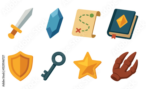 Fantasy RPG visuals isometric set. sword icon, mana crystal, quest map, enchanted book, shield emblem, dungeon key, level-up star, dragon claw.