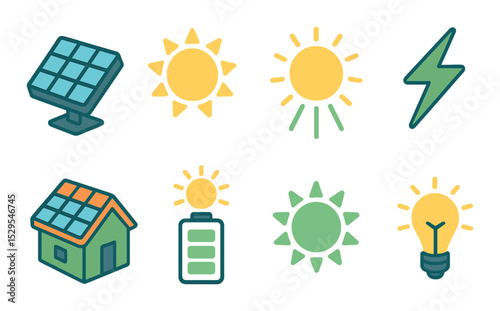 Solar Energy Concept isometric set. Solar panel, sun power icon, energy rays, eco lightning bolt, sustainable roof, sun charging battery, green sun symbol.