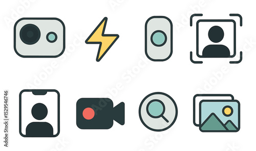 Phone Camera Concept isometric set. Dual lens icon, flash icon, camera mode toggle, portrait frame, selfie cam symbol, video recording, zoom feature, image