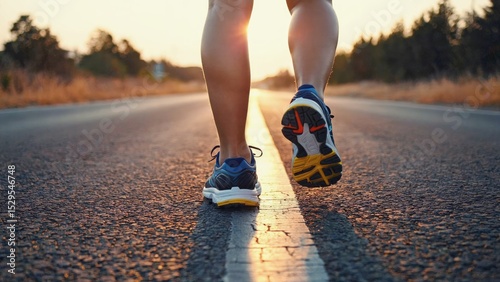 Running into the Sunset: A runner's legs and athletic shoes are captured in motion as they stride confidently down a road towards a radiant sunset.