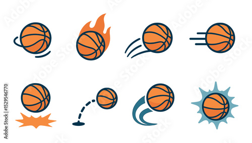 Basketball Motion Graphics Concept isometric set. Spinning ball, ball with flames, jump motion arc, speed dribble lines, slam effect icon, 3D bounce curve.