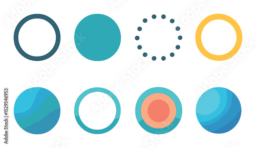 Classic Circle Logos Concept isometric set. Simple ring, solid disc, dotted circle, thick border circle, gradient-filled round icon, clean mono ring.