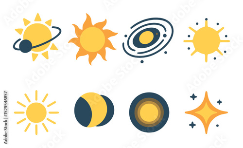 Sun and Space Concept isometric set. Sun with planet orbit, solar flare icon, cosmic sun, galaxy center sun, corona rays, sun eclipse, space energy ball.