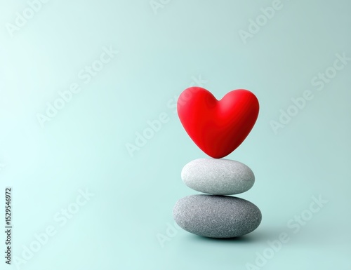 A small red heart rests atop two smooth gray stones against a light blue background, symbolizing balance and love.