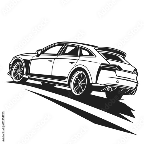 Monochrome car rides on a stylized road, presenting its bold rear view from below