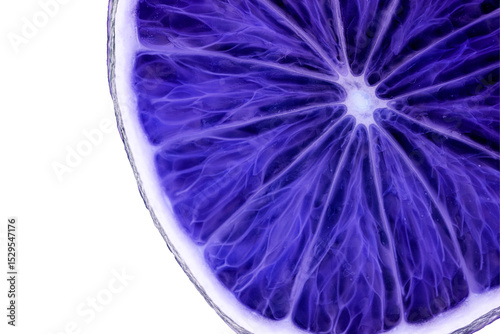 Close-up of a lime slice backlit to reveal intricate veins, artistically tinted in blue and purple hues. A vivid, surreal take on citrus freshness. Selective focus adds impact.