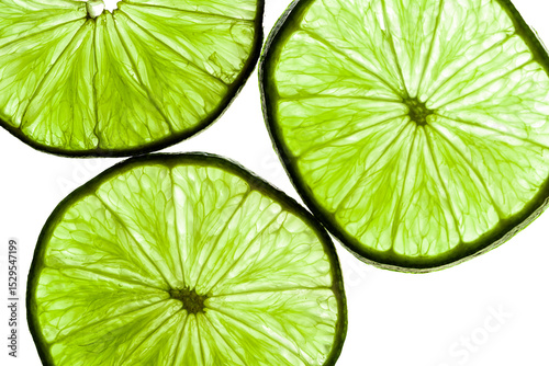Close-up of a vibrant green lime slice backlit to reveal detailed veins and texture. A fresh, zesty symbol of summer and vitality. Selective focus and bright lighting add freshness.