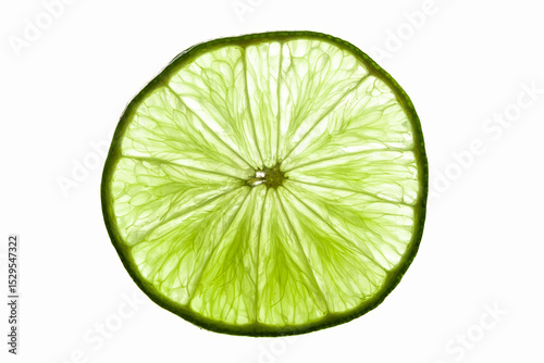 Close-up of a vibrant green lime slice backlit to reveal detailed veins and texture. A fresh, zesty symbol of summer and vitality. Selective focus and bright lighting add freshness.