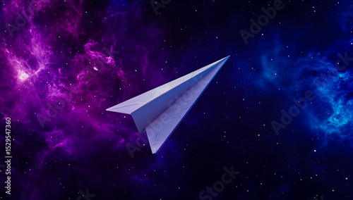 White paper airplane flying through deep space against a backdrop of vibrant purple and blue nebulae, ultra-realistic details.