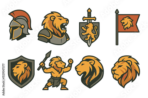 Lion Warrior Concept isometric set. Battle lion helmet, roaring in armor, lion sword crest, war flag with lion, lion shield emblem, tribal warrior pose.