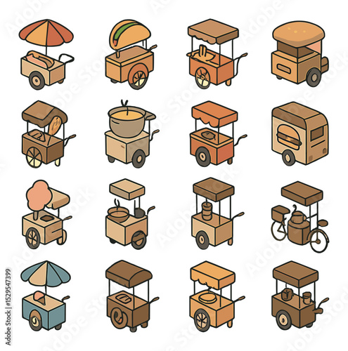 Mobile food carts isometric set. hot dog cart, taco stand, noodle wagon, crepe bike, grilled corn stall, juice tricycle, fried snacks cart, burger trailer.