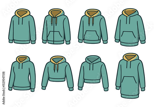Classic Hoodie Styles Concept isometric set. Pullover hoodie, zip-up hoodie, drawstring hoodie, kangaroo pocket hoodie, oversized hoodie, fitted hoodie.