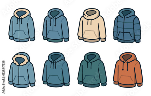 Winter Hoodie Concept isometric set. Fleece-lined hoodie, thermal hoodie, hoodie with scarf collar, insulated padded hoodie, snow hoodie with hood fur.