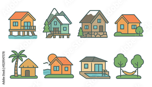 Vacation Homes Concept isometric set. Beach house, mountain chalet, ski lodge, countryside retreat, palm hut, sunset view home, poolside villa, hammock