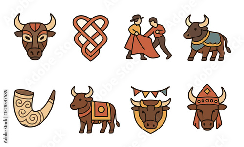 Cultural Bull Symbols Concept isometric set. Tribal bull mask, Celtic bull knot, Spanish bullfight icon, bull in armor, engraved horn pattern, ceremonial