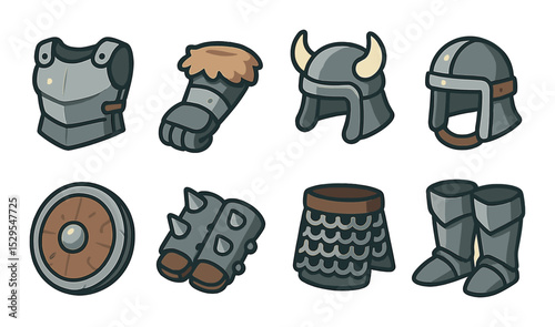 Viking Armor Concept isometric set. Metal chestplate, fur-lined gauntlet, horned shoulder pad, helmet strap, shield with dents, spiked bracers, ringmail