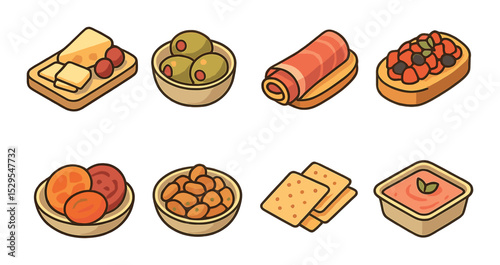Gourmet Snacks Concept isometric set. Cheese platter, stuffed olives, prosciutto roll, bruschetta, dried fruits, seasoned nuts, artisan crackers, pâté dish