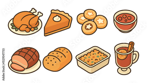 Holiday Foods Concept isometric set. Roast turkey, pumpkin pie, holiday cookies, cranberry sauce, glazed ham, festive bread loaf, stuffing dish, mulled