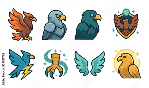 Fantasy Eagle Concept isometric set. Fire-wing eagle, armored eagle, glowing eye eagle, magic eagle crest, lightning bird, enchanted eagle talon, mythical