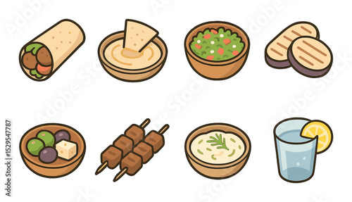 Mediterranean Menu Concept isometric set. Falafel wrap, hummus and pita, tabbouleh bowl, grilled eggplant, olives and feta, lamb skewers, tzatziki, lemon